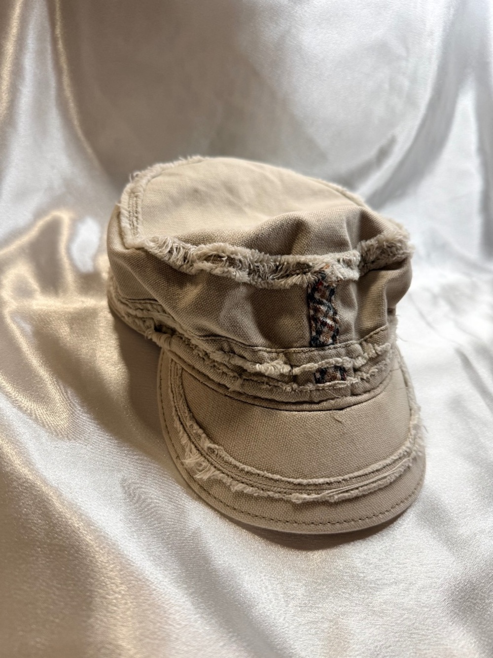 American Rag Distressed Military Cadet Cap Beige 57.5cm Frayed Edge